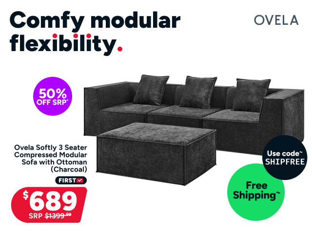 Ovela Softly 3 Seater Compressed Modular Sofa with Ottoman (Charcoal)