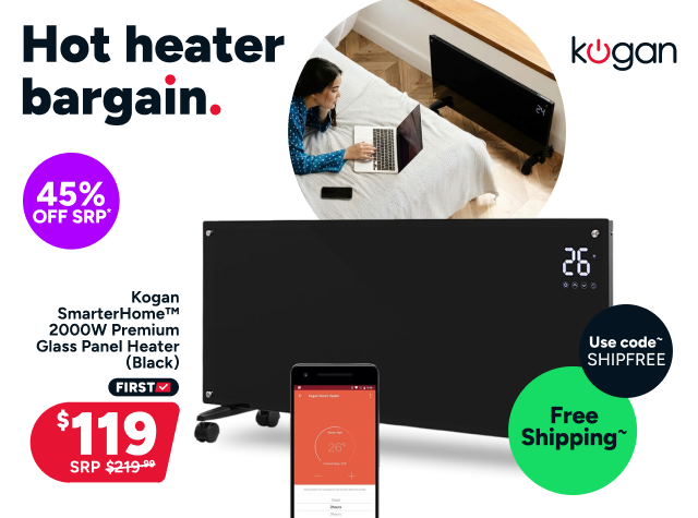 Kogan SmarterHome™ 2000W Premium Glass Panel Heater (Black)