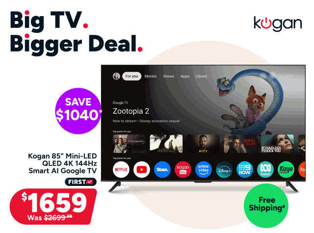 Kogan 85" Mini-LED QLED 4K 144Hz Smart AI Google TV - $1,659*