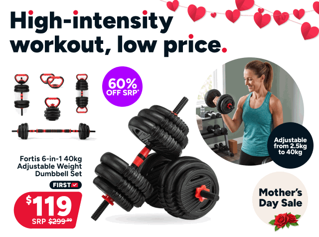 Fortis 6-in-1 40kg Adjustable Weight Dumbbell Set
