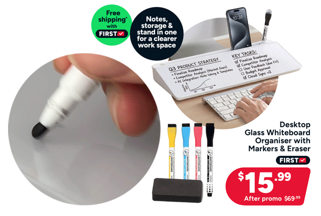 Desktop Glass Whiteboard Organiser with Markers and Eraser