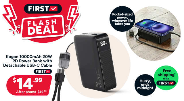 Kogan 10000mAh 20W PD Power Bank with Detachable USB-C Cable