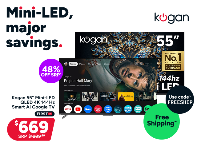 Kogan 55" Mini-LED QLED 4K 144Hz Smart AI Google TV