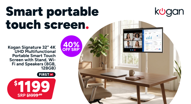 Kogan Signature 32" 4K UHD Multifunctional Portable Smart Touch Screen with Stand, Wi-Fi and Speakers (8GB, 128GB)