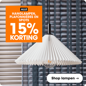 Alle hanglampen, plafonniéres en spots 15% korting 