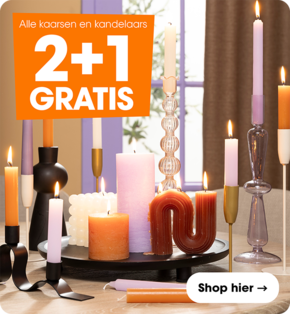 Alle diner-, stomp-, figuur-, ledkaarsen en kandelaars 2+1 gratis