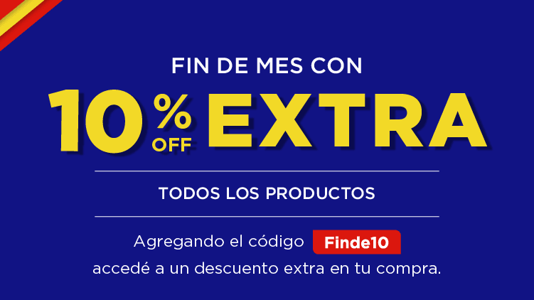 Fin de mes con 10% OFF Extra en todos los productos. Agregando el código Finde10 accedé a un descuento extra en tu compra.Valido del 27/09/2024 al 30/09/2024