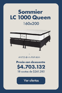 Sommier lc1000 Queen 160x200 ANTES $9.204.428 Precio con descuento $3.681.771 18 cuotas de $204.543 Ver ofertas