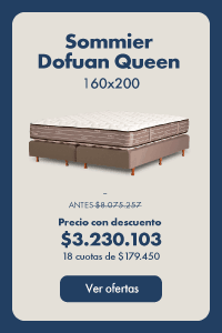 Sommier Dofuan Queen 160x200 ANTES $8.075.257 Precio con descuento $3.230.103 18 cuotas de $179.450 Ver ofertas