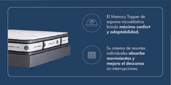 El Memory Topper de espuma viscoelástica brinda máximo confort y adaptabilidad. Su sistema de resortes individuales absorbe movimientos y mejora el descanso sin interrupciones.