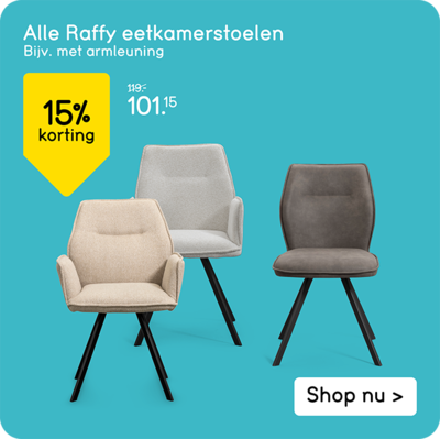 Alle Raffy eetkamerstoelen 15% korting met prijsvoorbeeld