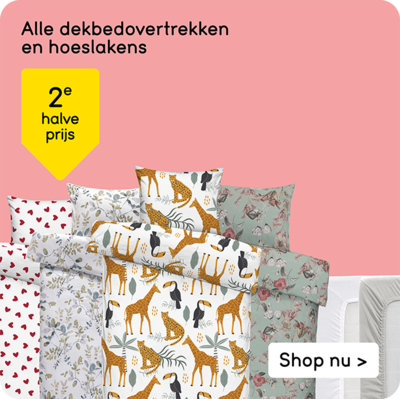 Alle dekbedovertrekken en hoeslakens 2e halve prijs