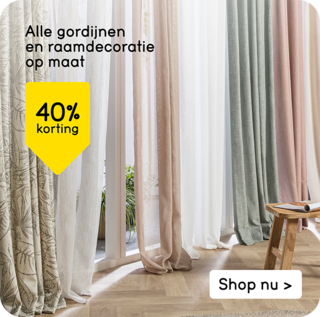 Alle gordijnen, vitrages, inbetweens en raamdecoratie op maat 40% korting
