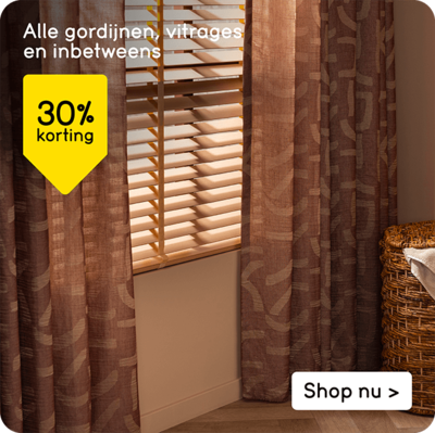 Alle gordijnen, vitrages en inbetweens 30% korting