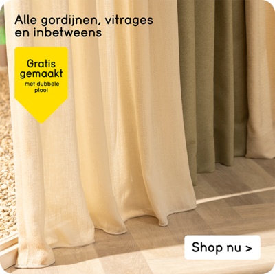 Alle gordijnen, vitrages en inbetweens gratis gemaakt met dubbele plooi