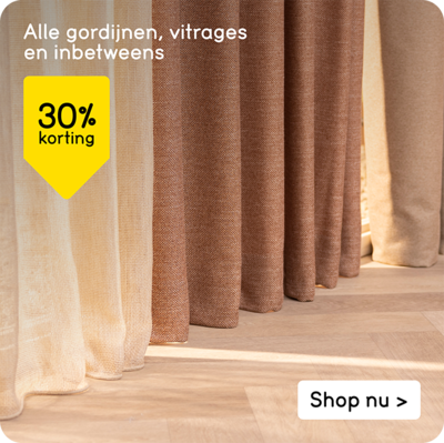 Alle gordijnen, vitrages en inbetweens 30% korting