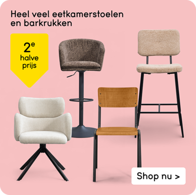 Diverse eetkamerstoelen en barkrukken 2e halve prijs