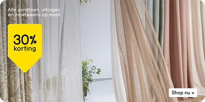 Alle gordijnen, vitrages en inbetweens op maat 30% korting