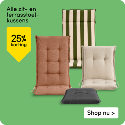 Alle zit- en terrasstoelkussens 25% korting