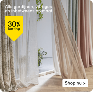 Alle gordijnen, vitrages en inbetweens op maat 30% korting