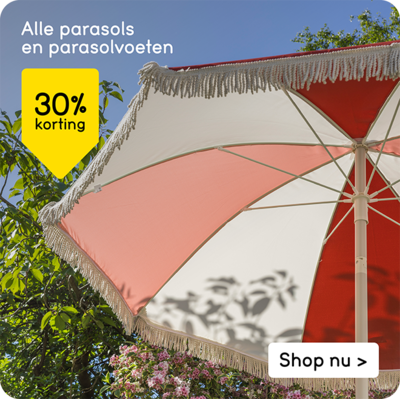 Alle parasols en parasolvoeten 30% korting