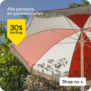 Alle parasols en parasolvoeten 30% korting