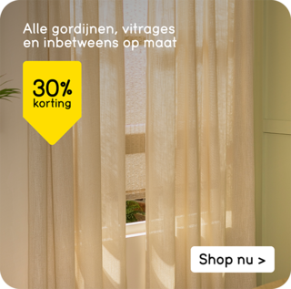 Alle gordijnen, vitrages en inbetweens op maat 30% korting