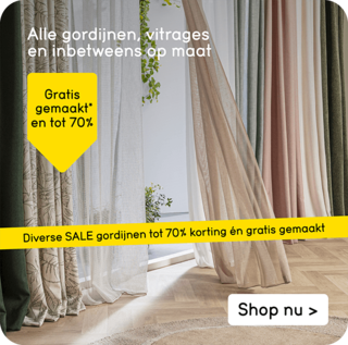 Alle gordijnen, vitrages en inbetweens op maat gratis gemaakt en tot 70% korting