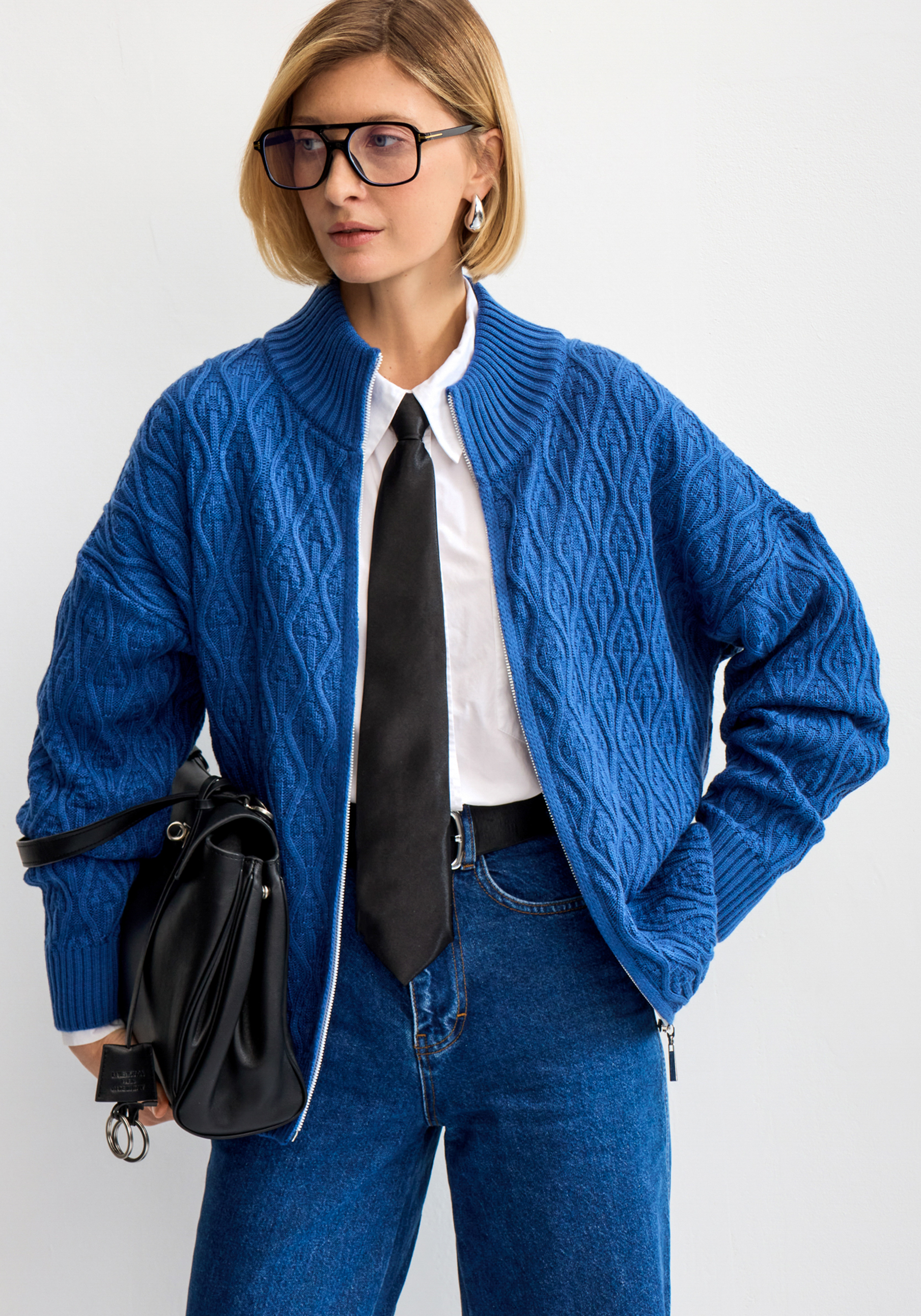 Кардиган на молнии с вязкой в виде ромбов