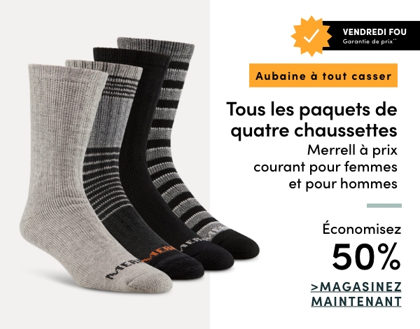 Door Crasher All Regular-Priced Women's + Men's Merrell 4pk Socks Save 50%