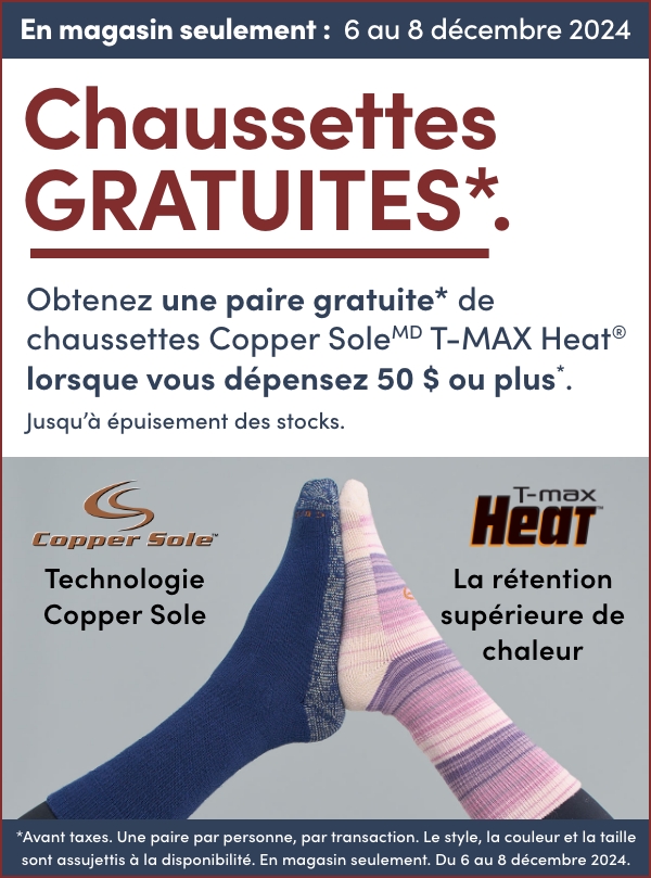 Free pair of Copper Sole T-Max Socks when you spend $50 or more before taxes