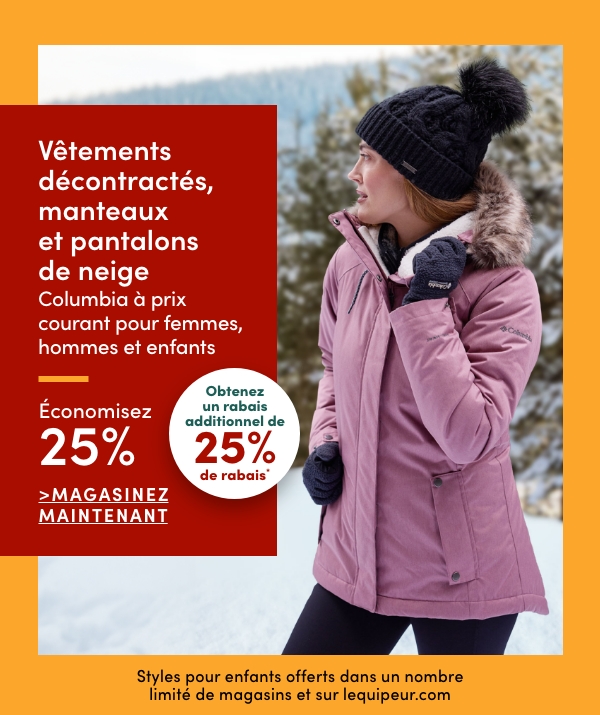 All Regular-Priced Women's, Men's + Kids' Columbia Casual Clothing, Jackets + Snow Pants Save 25%