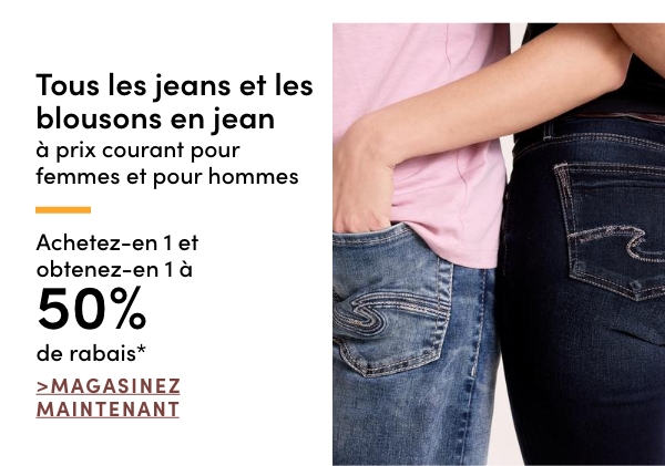 All Regular-Priced Women's + Men's Jeans + Jean Jackets Buy one get one 50% OFF*