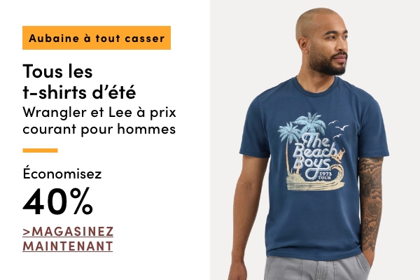 "Door Crasher  All Regular-Priced Men's Wrangler + Lee Summer Vibes T-shirts Save 40%"