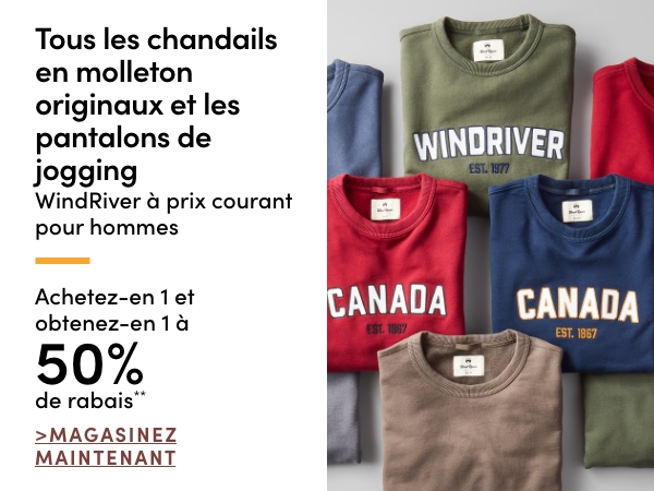 All Regular-Priced Men's WindRiver Original Fleece Sweatshirts + Sweatpants Buy one get one 50% OFF*