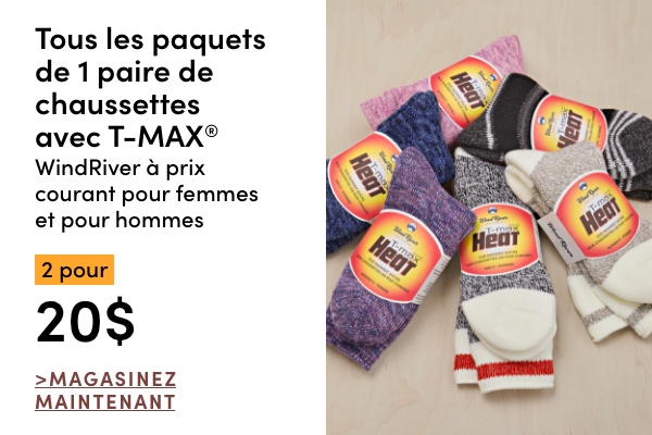 Tous les paquets de 1 paire de chaussettes avec T-MAX WindRiver à prix courant pour femmes et pour hommes 2 pour 20 $