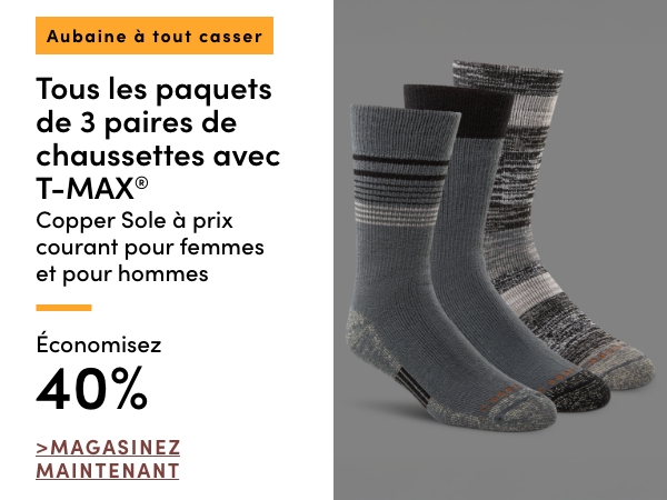 AUBAINE À TOUT CASSER Tous les paquets de 3 paires de chaussettes avec T-MAX Copper Sole à prix courant pour femmes et pour hommes économisez 40 %