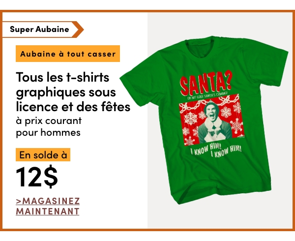 AUBAINE À TOUT CASSER Tous les t-shirts graphiques sous licence et des fêtes à prix courant pour hommes en solde à 12 $