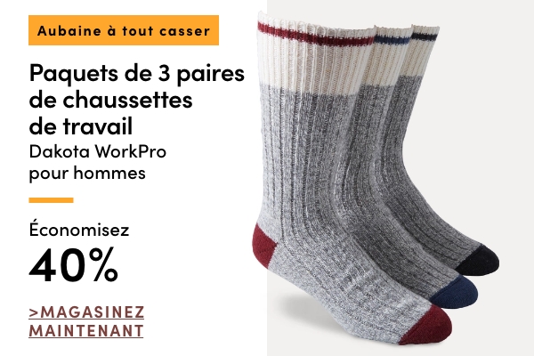 AUBAINE À TOUT CASSER Paquets de 3 paires de chaussettes de travail Dakota WorkPro pour hommes économisez 40 %