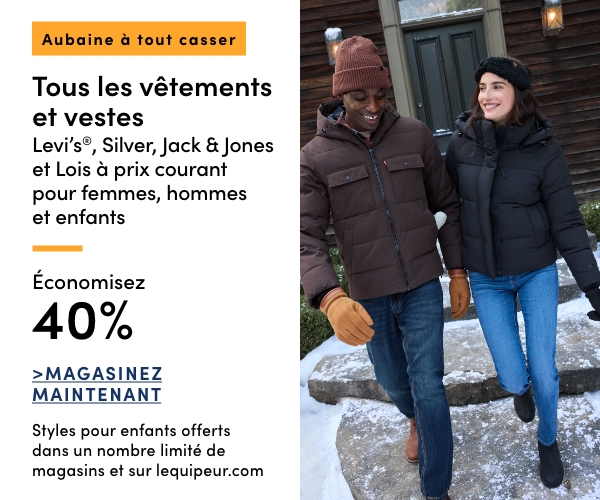 Aubaine à Tout Casser Tous les vêtements et vestes Levi's, Silver, Jack & Jones et Lois à prix courant pour femmes, hommes et enfants économisez 40%