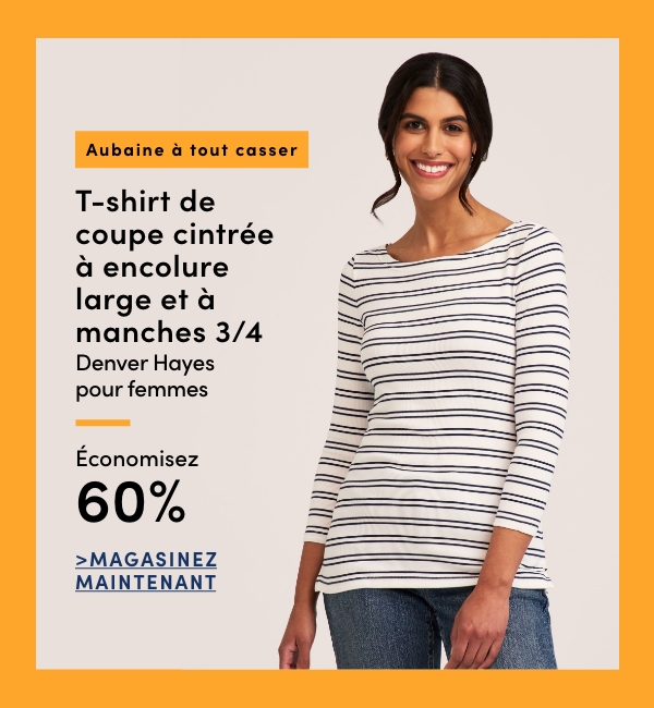 Aubaine à Tout Casser T-shirt de coupe cintrée à encolure large et à manches 3/4 Denver Hayes pour femmes économisez 60%