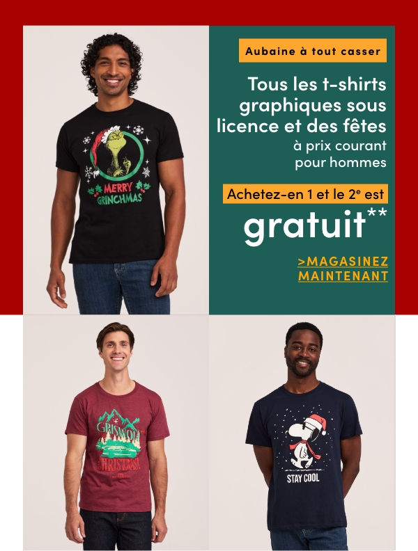 Aubaine à Tout Casser Tous les t-shirts graphiques sous licence et des fêtes à prix courant pour hommes achetez-en 1 et le 2e est GRATUIT*