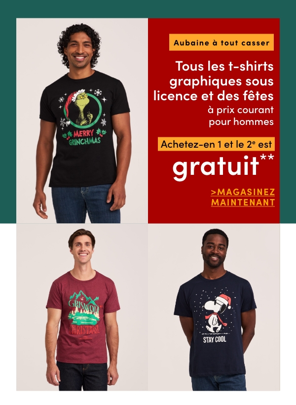 Aubaine à Tout Casser Tous les t-shirts graphiques sous licence et des fêtes à prix courant pour hommes achetez-en 1 et le 2e est GRATUIT*
