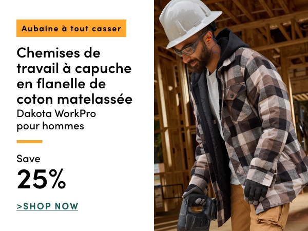  Aubaine à Tout Casser Chemises de travail à capuche en flanelle de coton matelassée Dakota WorkPro pour hommes économisez 25%