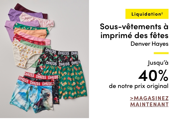  Sous-vêtements à imprimé des fêtes Denver Hayes en liquidation à 40 % de rabais sur notre prix courant
