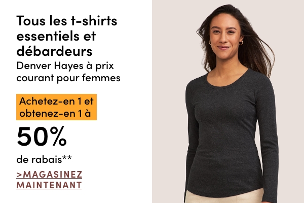 Tous les t-shirts essentiels et débardeurs Denver Hayes à prix courant pour femmes achetez-en 1 et obtenez-en 1 à 50% de rabais*
