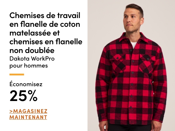 Chemises de travail en flanelle de coton matelassée et chemises en flanelle non doublée Dakota WorkPro pour hommes économisez 25%