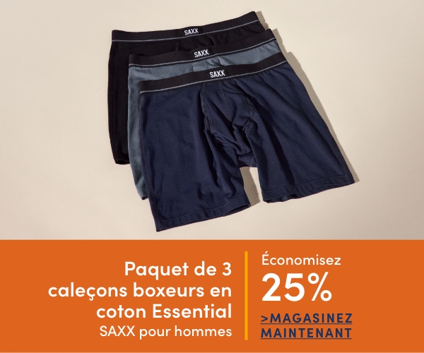 Paquet de 3 caleçons boxeurs en coton Essential SAXX pour hommes économisez 25 %