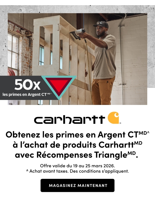 Obtenez les primes en Argent CTMD^ à l’achat de produits CarharttMD avec Récompenses TriangleMD. Offre valide du 19 au 25 mars 2026. ^ Achat avant taxes. Des conditions s’appliquent. MAGASINEZ MAINTENANT. 