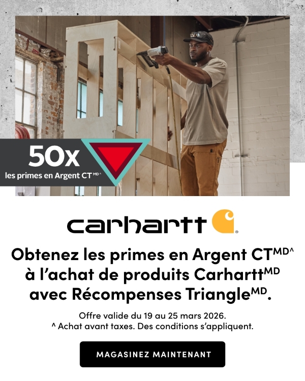 Obtenez les primes en Argent CTMD^ à l’achat de produits CarharttMD avec Récompenses TriangleMD. Offre valide du 19 au 25 mars 2026. ^ Achat avant taxes. Des conditions s’appliquent. MAGASINEZ MAINTENANT.

 